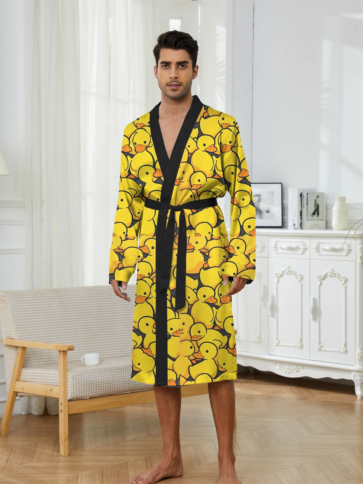 رداء طويل للرجال لربيع وخريف مع نمط بطة صفراء مطبوعة رقمية، رداء طويل غير رسمي مريح للمنزل، سريع الجفاف. #3