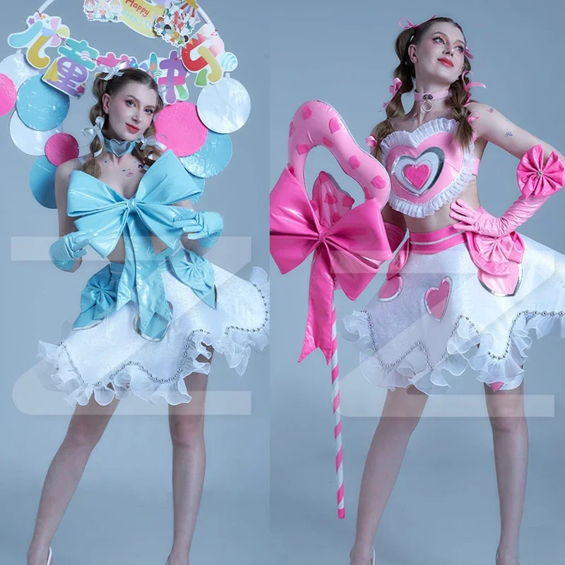 

Women Party Gogo Costume Cute Blue Pink Leather Top Tutu Skirt Jazz Dance Clothing Rave Outfit Stage Performance Wear XS6433