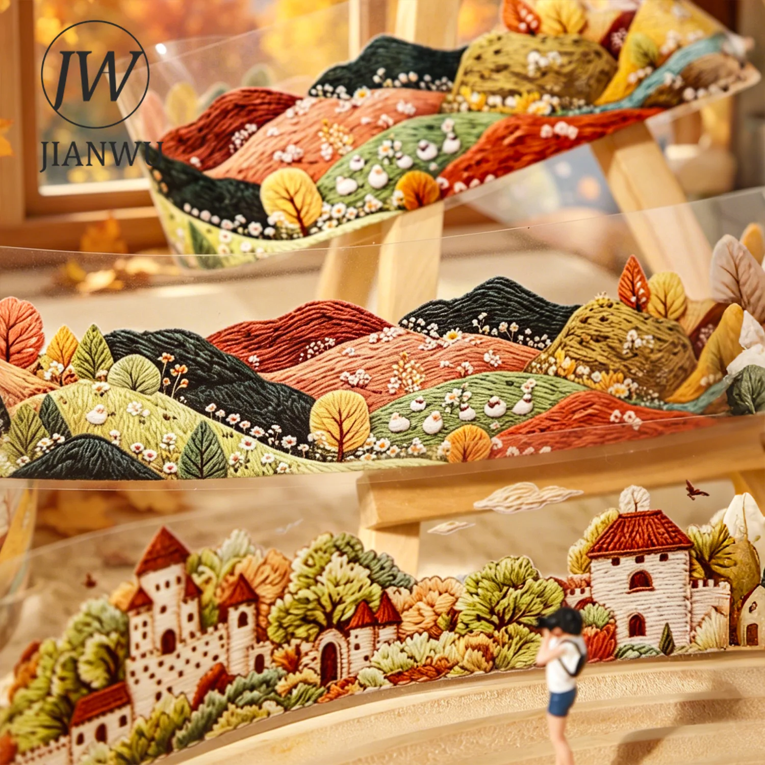 JIANWU 40mm*200cm Vintage Autumn Embroidery Tree Castle Landscape Material Collage PET Tape Creative DIY Journal Stationery