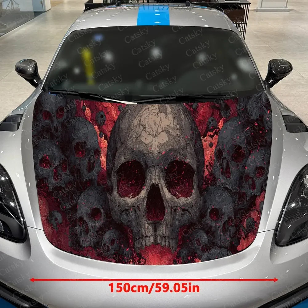Red Background Skull Cluster Pattern PVC Car Hood Wraps, Self-Adhesive Waterproof Car Bonnet Decal Sticker, Car Decoration Prote