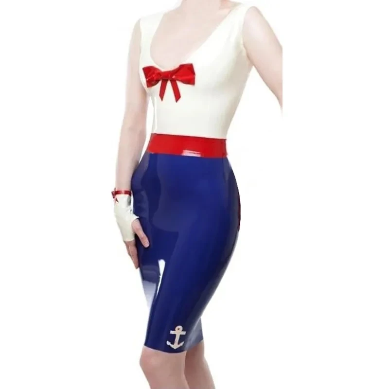 

Dark Blue and White Red Sexy Sailor Latex Uniform Dresses Gloves Bows Trims Decorations Playsuit Handmade Rubber Club Wear