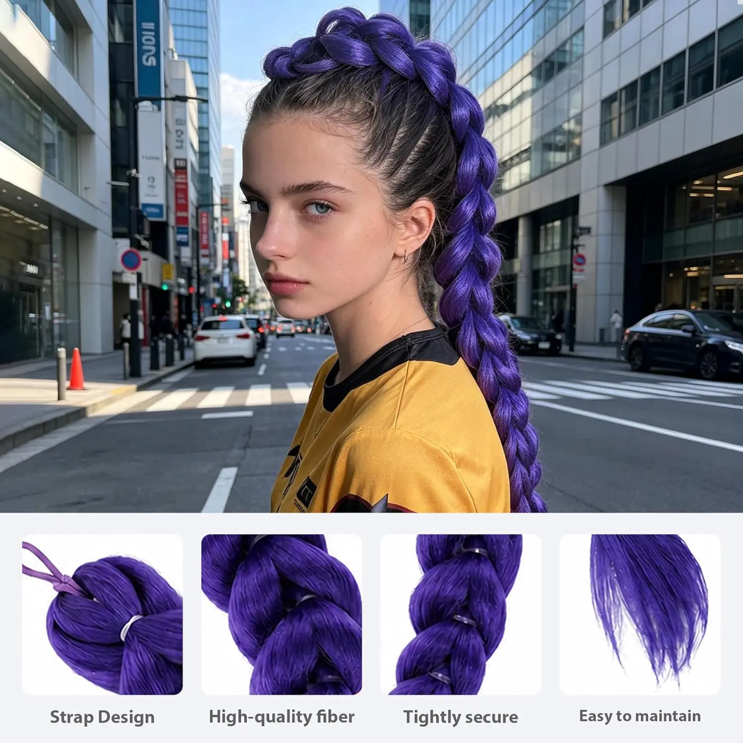 Lila Drachen-Zopf-Haarverlängerung für Mädchen, langer Jumbo-Bubble-Zopf, Pferdeschwanz, synthetisches geflochtenes Haarteil, Party-Cosplay-Kostüm – Detail 7