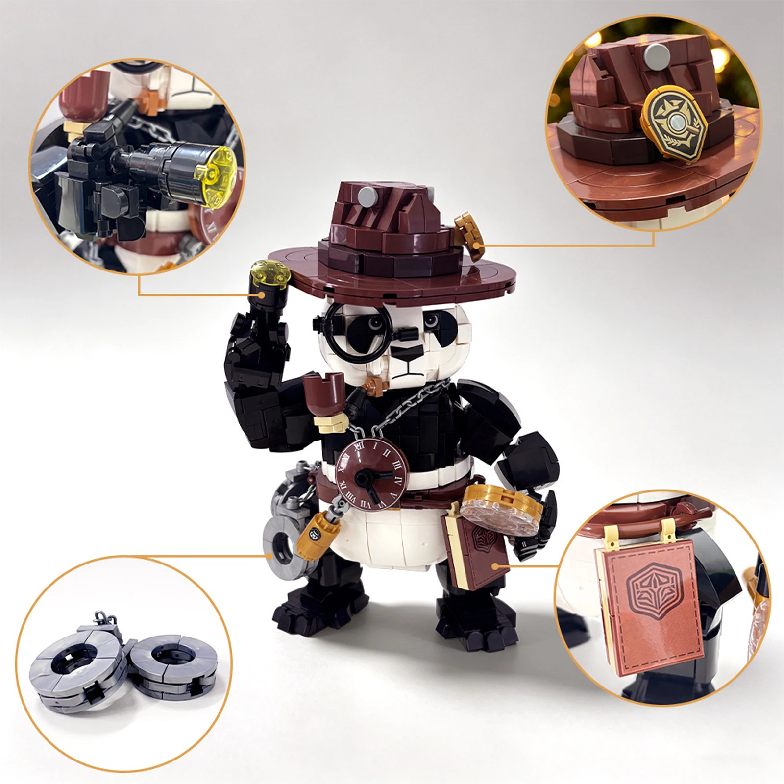 1036PCS Detective Panda Building Blocks Anime Figure Model Cute Animal Bricks Set Creative Holiday Gift Educational Assembly Toy