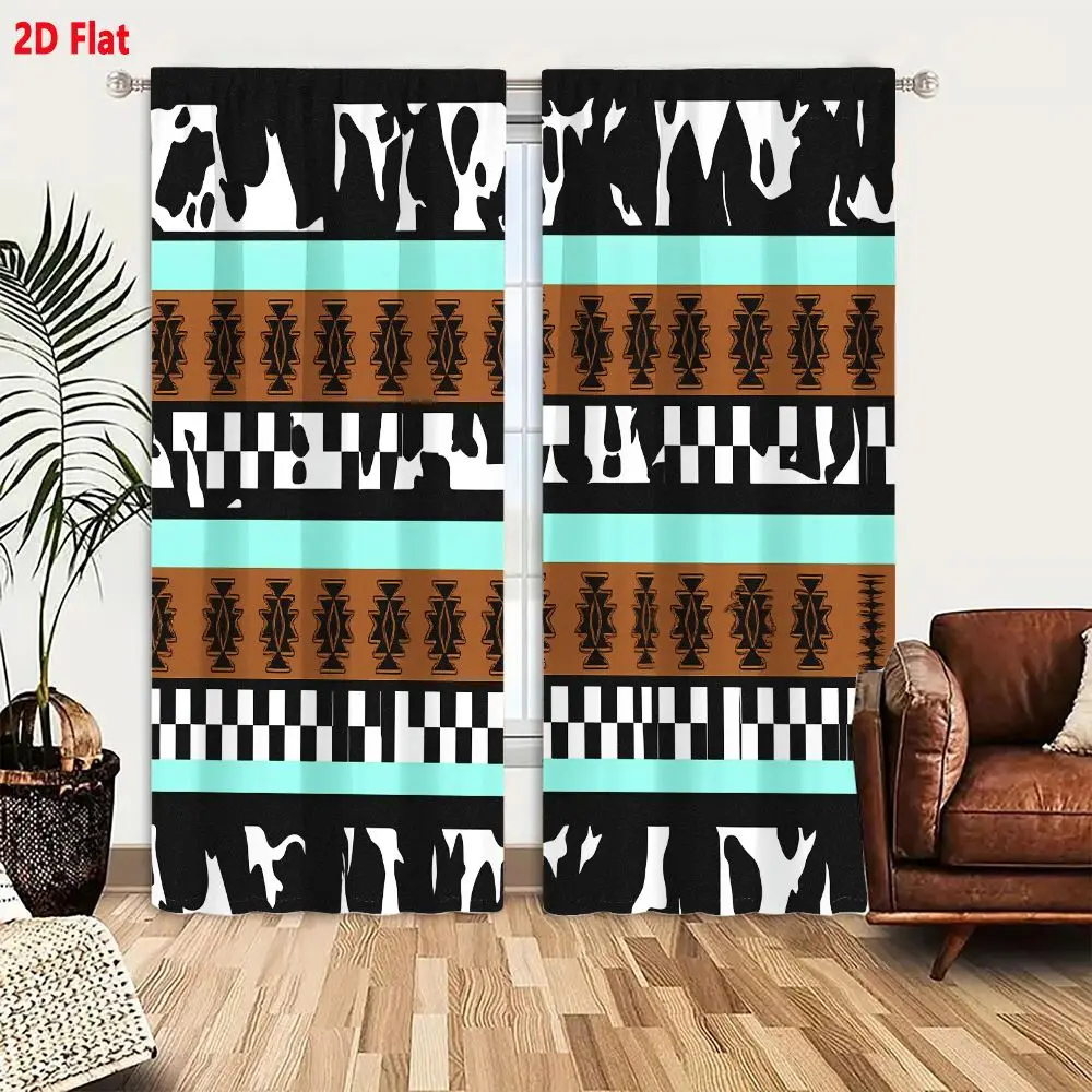 2Pcs Curtains 2D Flat Geometric Abstract Tribal Pattern Black White Brown Light Turquoise Mid Century Modern Southwestern Textil