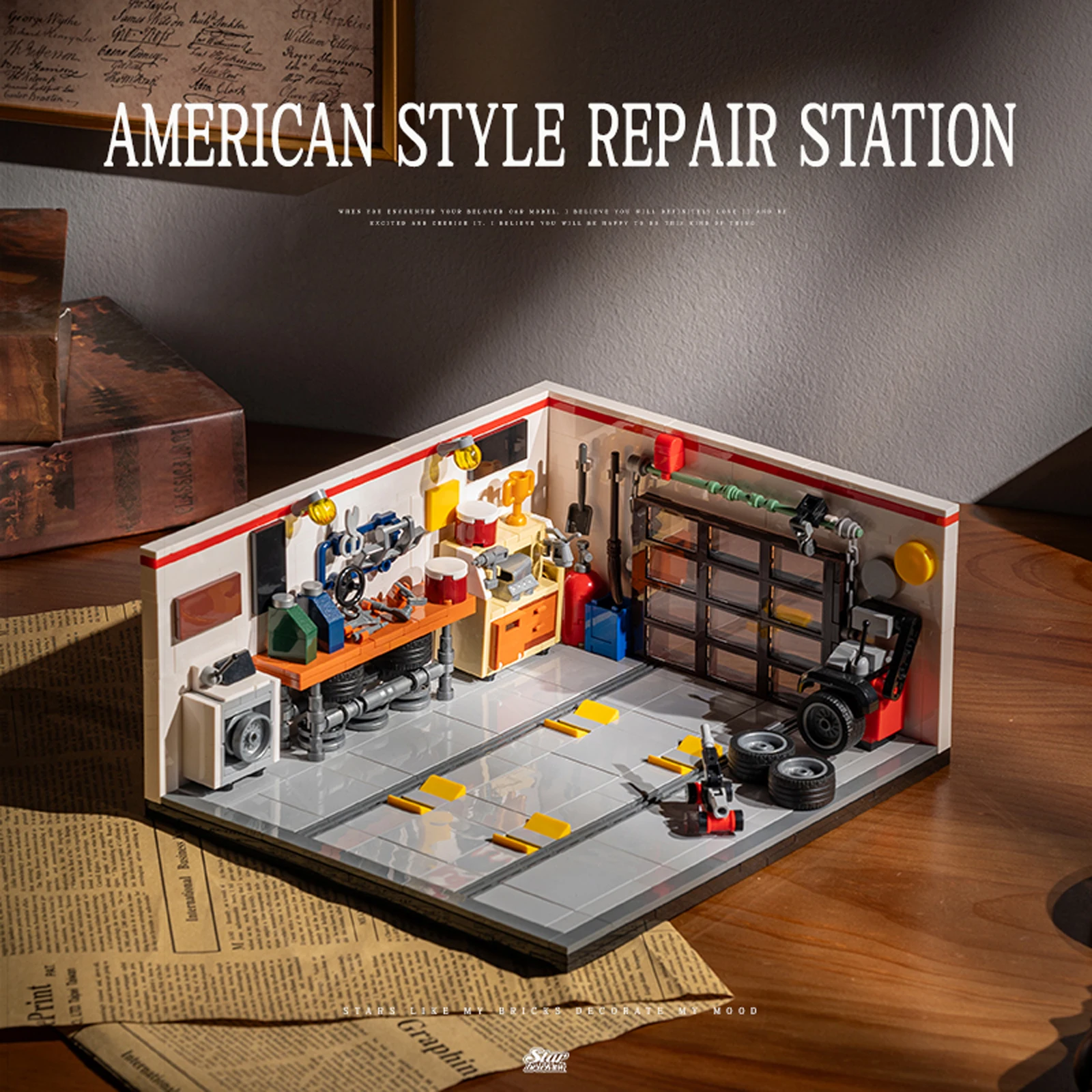 Moc estilo americano loja de reparo de automóveis blocos de construção técnica retro garagem arquitetura diy tijolos brinquedos para crianças adultos presentes