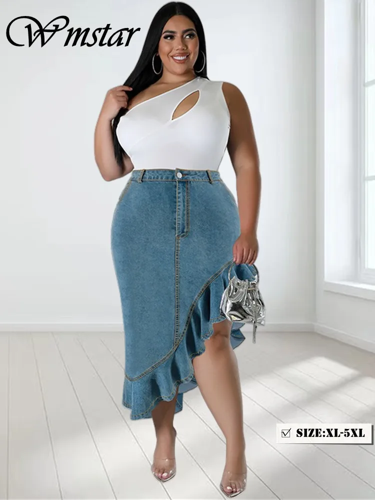 Wmstar Plus Size Only Denim Skirts Women\'s Clothing Maxi Sexy Medium Stretch Long Flounce Skirt Wholesale Dropshipping 2024