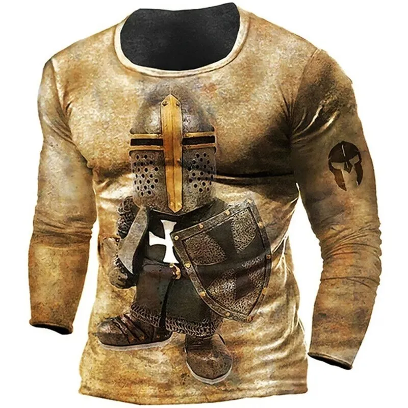 3D Print Retro Knights Templar Autumn Men\'s O-Neck T-shirt Casual Long Sleeve Oversized T Shirt Fashion Pullover Men Clothing