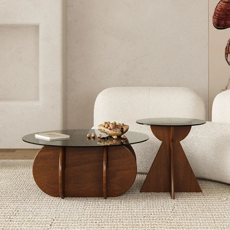 

44P13Wabi Sabi Wind Coffee Table Light Luxury Premium Tempered Glass Round Medieval Solid Wood Petals Retro