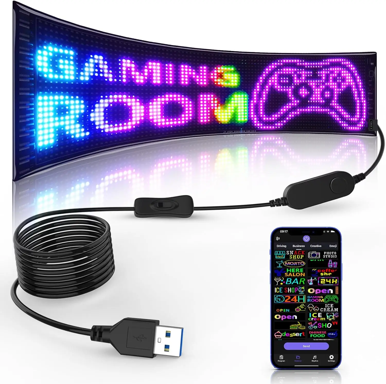 Full Color Double Row Programmable LED Sign,  Flexible 5V/2A USB Bluetooth APP Control LED Signs Custom Text Message