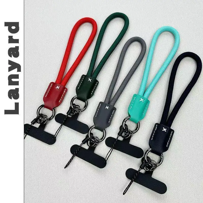 1PCS Braided Lanyard With Leather Accent Mobile Phone Chain Metal Fish Bone Phone Lanyard Cell Phone Charm Keycord Accessories