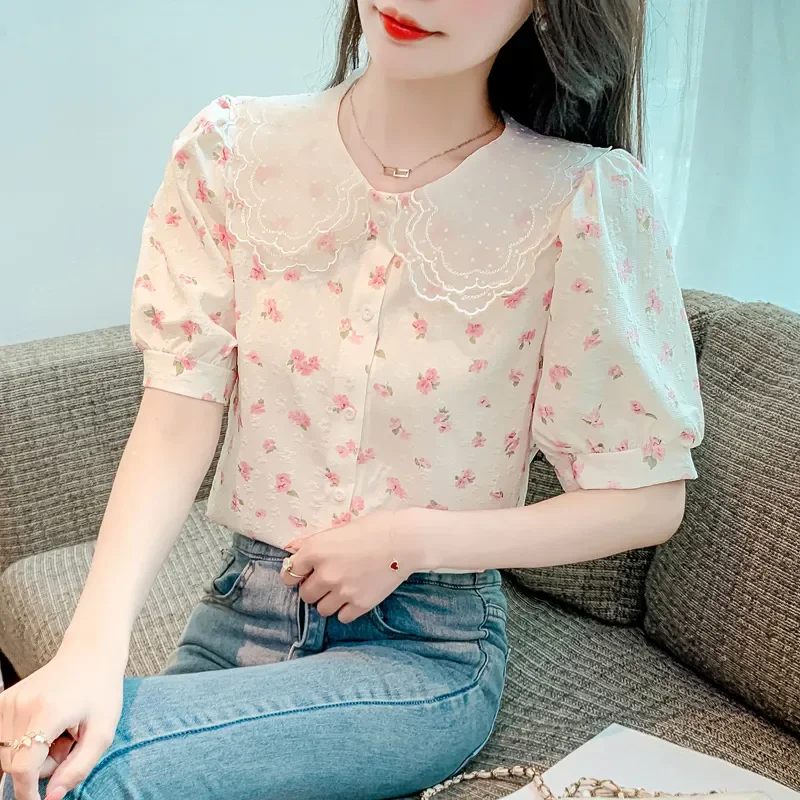 Chic Summer Floral Print Chiffon irt Women's Faionable Doll Collar ort Sve Ele Top Korean Sle Bubble Sve