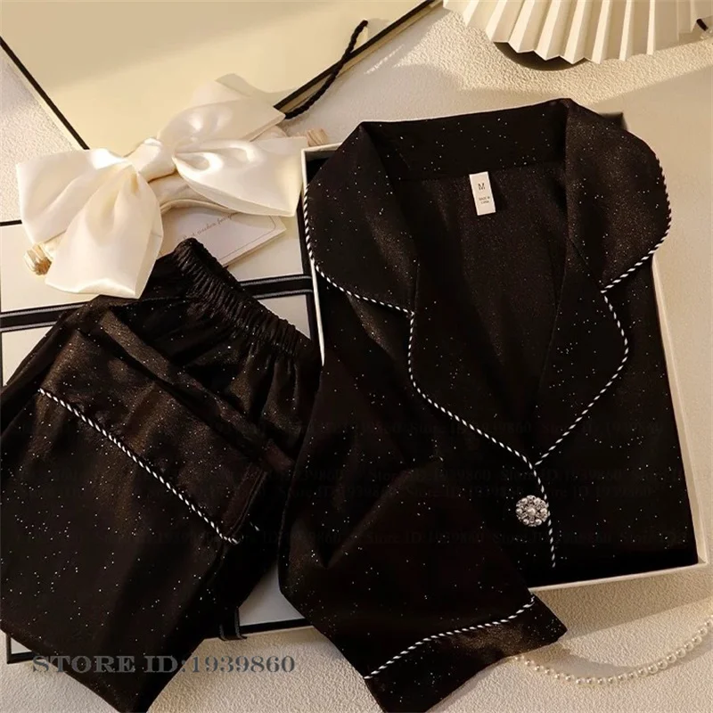 New Sequin 2PCS Pajamas Set Lounge Wear Fashion Long Sleeve Trouser Pijamas Suit Loose Silk Satin Women Homewear Pyjama Lingerie