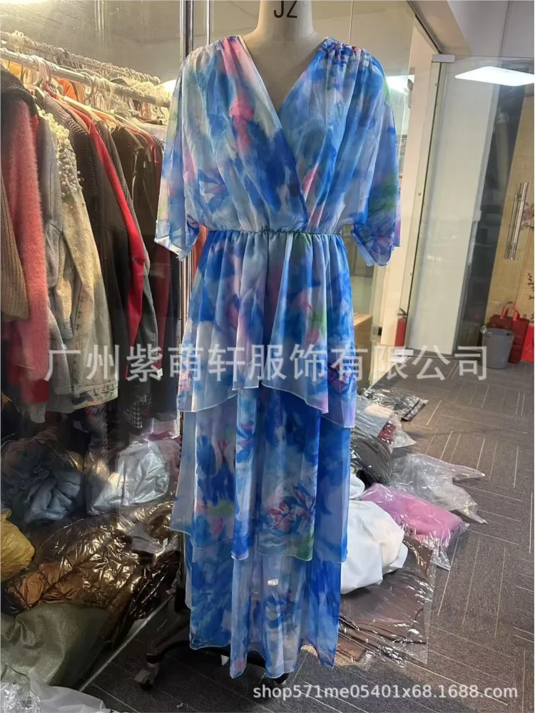 Feminino elegante chiffon impressão em camadas vestidos de festa irregulares 2025 verão moda profundo decote em v meia manga rendas vestido longo