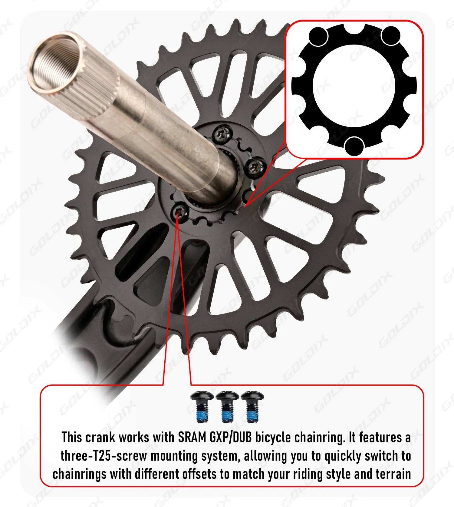 GOLDIX 3-Bolzen-Direct-Mount-MTB-Kurbelgarnitur 165/170/175mm Legierungs-Schmiedekurbelarm Schmal-Breit-Kettenblatt Mountainbike-Fahrradteile – Detail 7