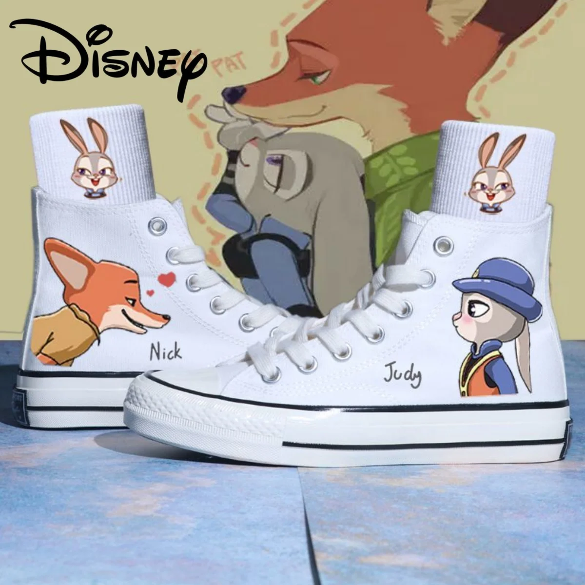 Disney Zootopia Sport Shoes Kids Tennis Shoes Cartoon Nick & Judy Print Basket Shoes Teenager White Shoes Couple Casual Sneakers