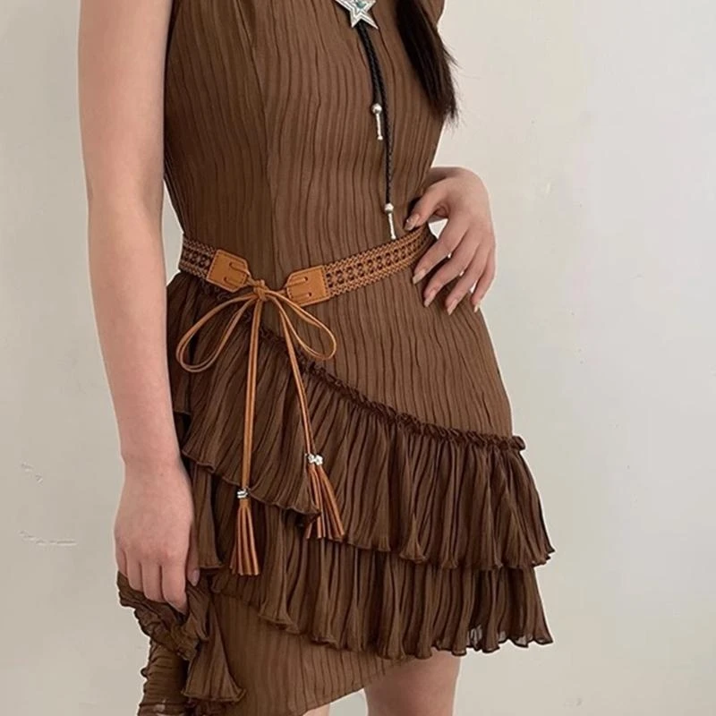 652F Cowgirl Waist Belts for Skinny Vintage Tie Belt with Tassels for Y2K Impressive Cowboy Stage Street Dance