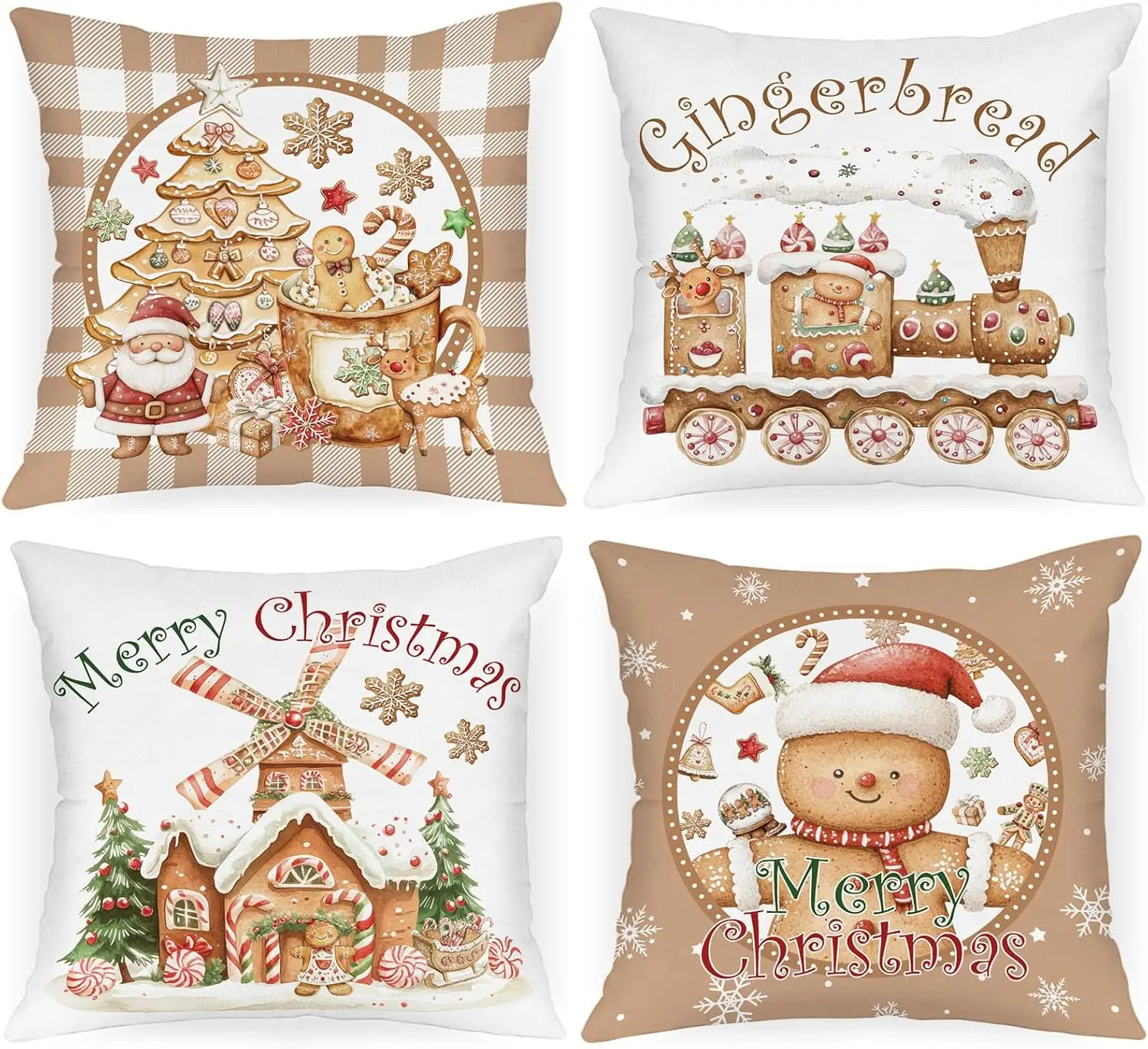 4pcs Gingerbread Santa Reindeer Windmill Train Merry Christmas Printed Pillow Cover Polyester Cushion Case 2D Flat Printing