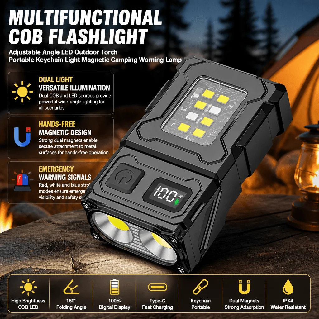 Cob Flashlight Keychain Magnetic Work Light Rechargeable Led Torch Camping Emergency Portable Type-C Waterproof Edc Light