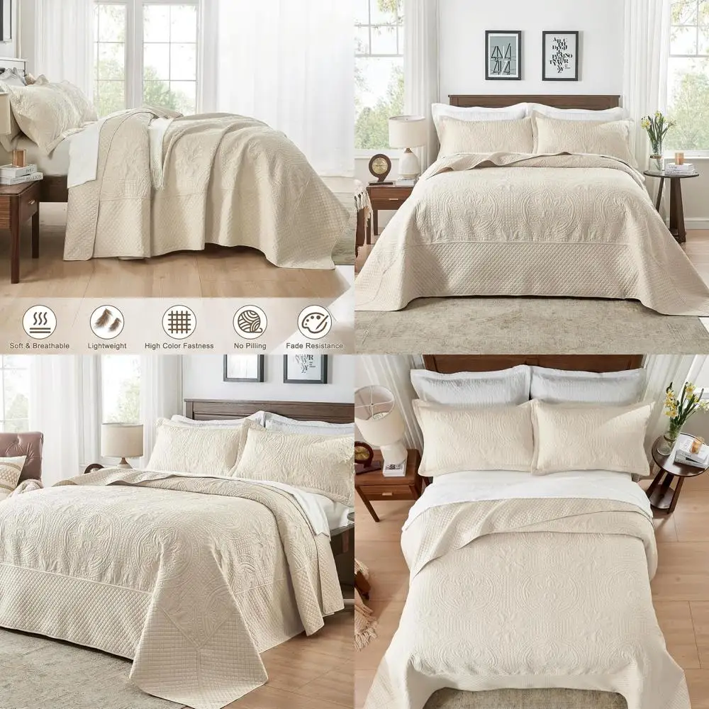 

Luxurious 128x120 Inch Oversized California King Quilt Set, Soft Microfiber, Vintage Pattern, Beige