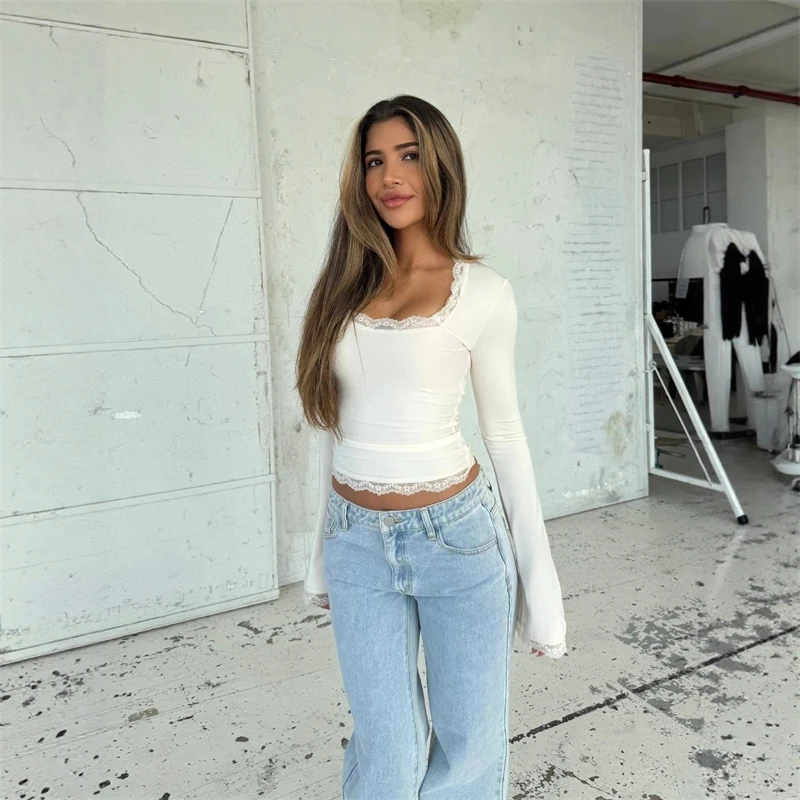 

Lace Trim Long Sleeve Square Neck Slim Fit Top For Women Autumn Layer Elegant Casual Office Date Night Wardrobe Gift