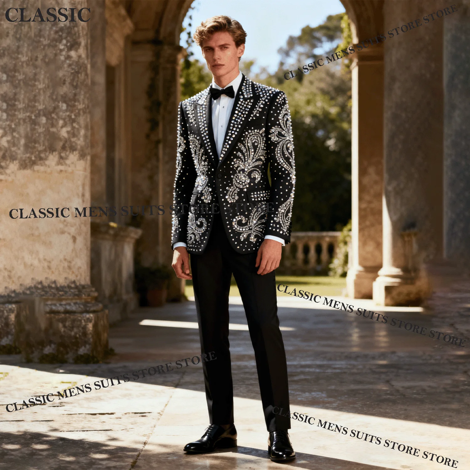 

Customized Metallic Jewelry Ornament Tuxedo Men Suits 2 Piece Fashion Wedding Groom Male Prom Blazer Slim Party Ternos Completo