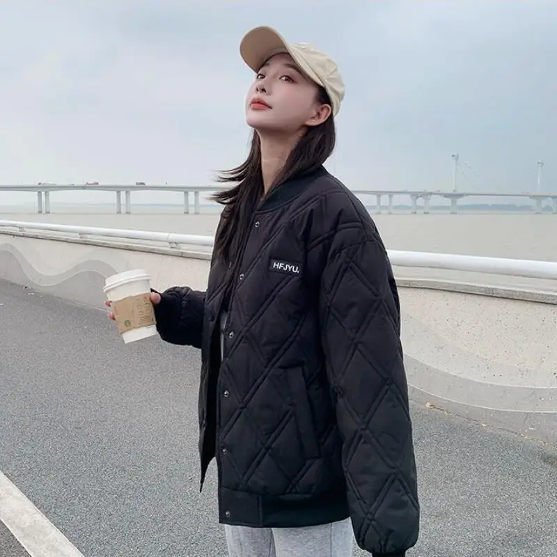 Hot 2026 Women Autumn Winter New Korean Cotton Jacket Fashion Western Style with Thick Velvet Warm Diamond Grid Baseball Jacket