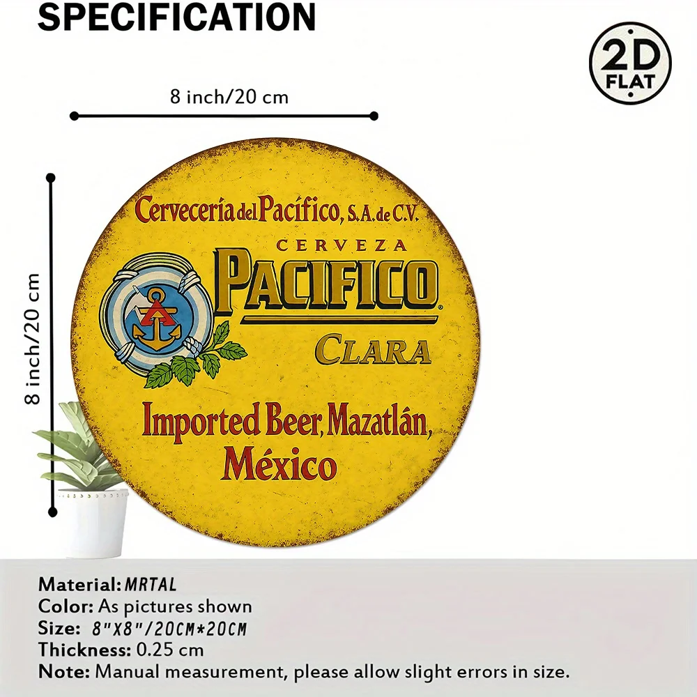 1pc Vintage Pacifico Beer Metal Wall Art Sign-8x8 Inch Round Rustic Tin Sign with Imported Beer Design, Mazatlán Mexico Heritage