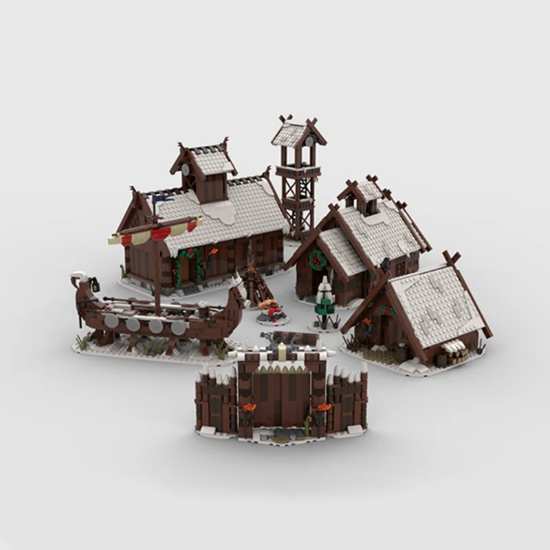 3158PCS Moc 빌딩 블록 세트 - 겨울 바이킹 마을, 눈 덮인 테마, 크리에이티브 DIY, 한정판