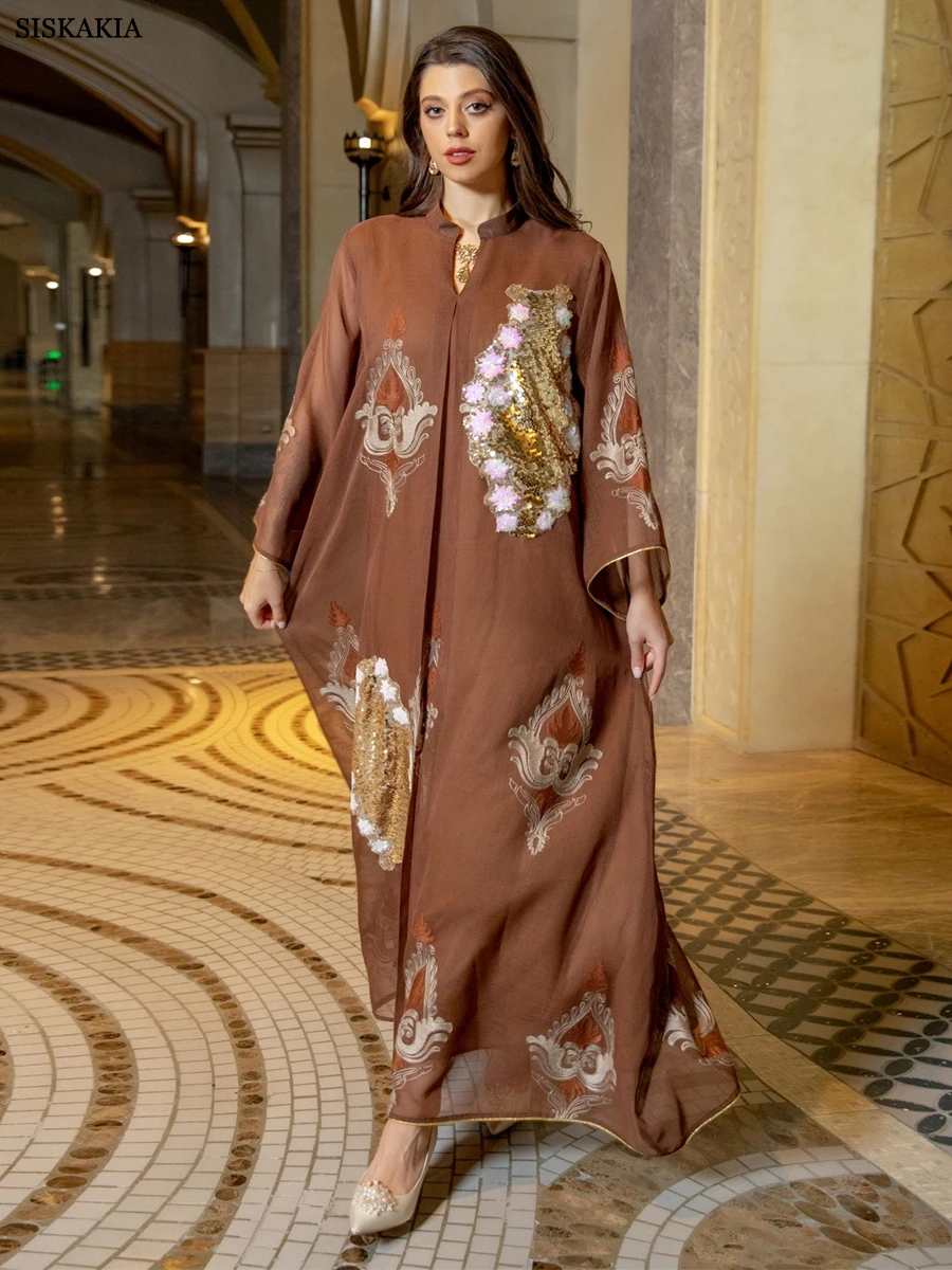 Siskakia Fashion Muslim Moroccan Caftan Dubai Abaya Dress Chic Sequins Embroider Notched Stand Collar Evening Party Robe Women