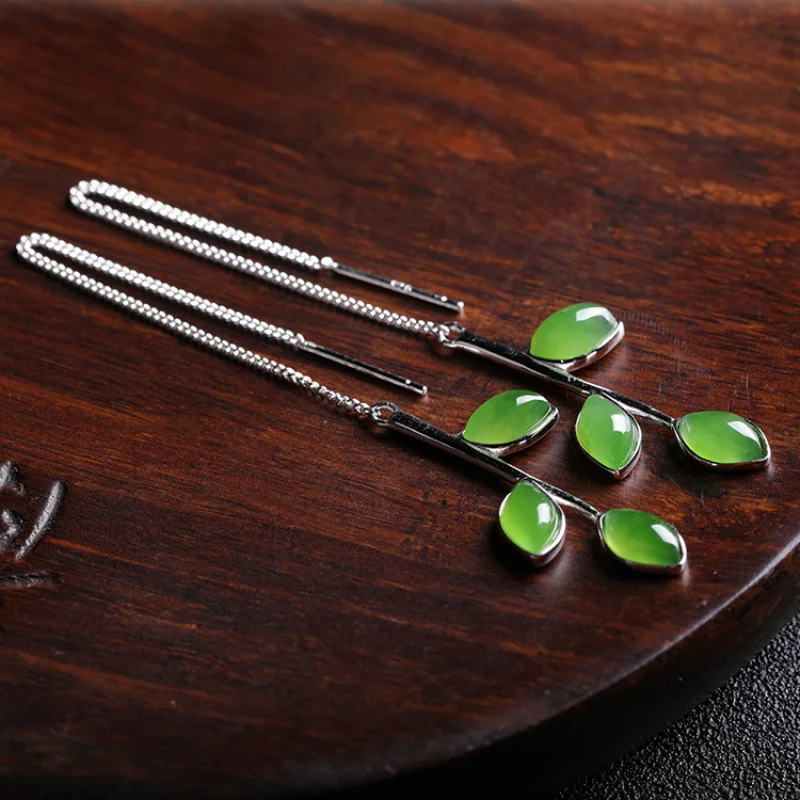 With Certificate Yang Green Jade Ear Thread Earrings Long Style Ancient Style Cheongsam Leaves 925 Silver Inlaid Hetian Jasper E