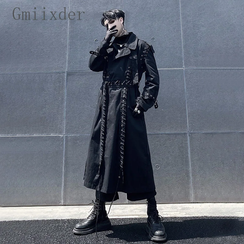 American Long Knee Length Trench Coat Men Spring Winter Loose Dark Black Streetwear Unisex Gothic Rope Splicing Structure