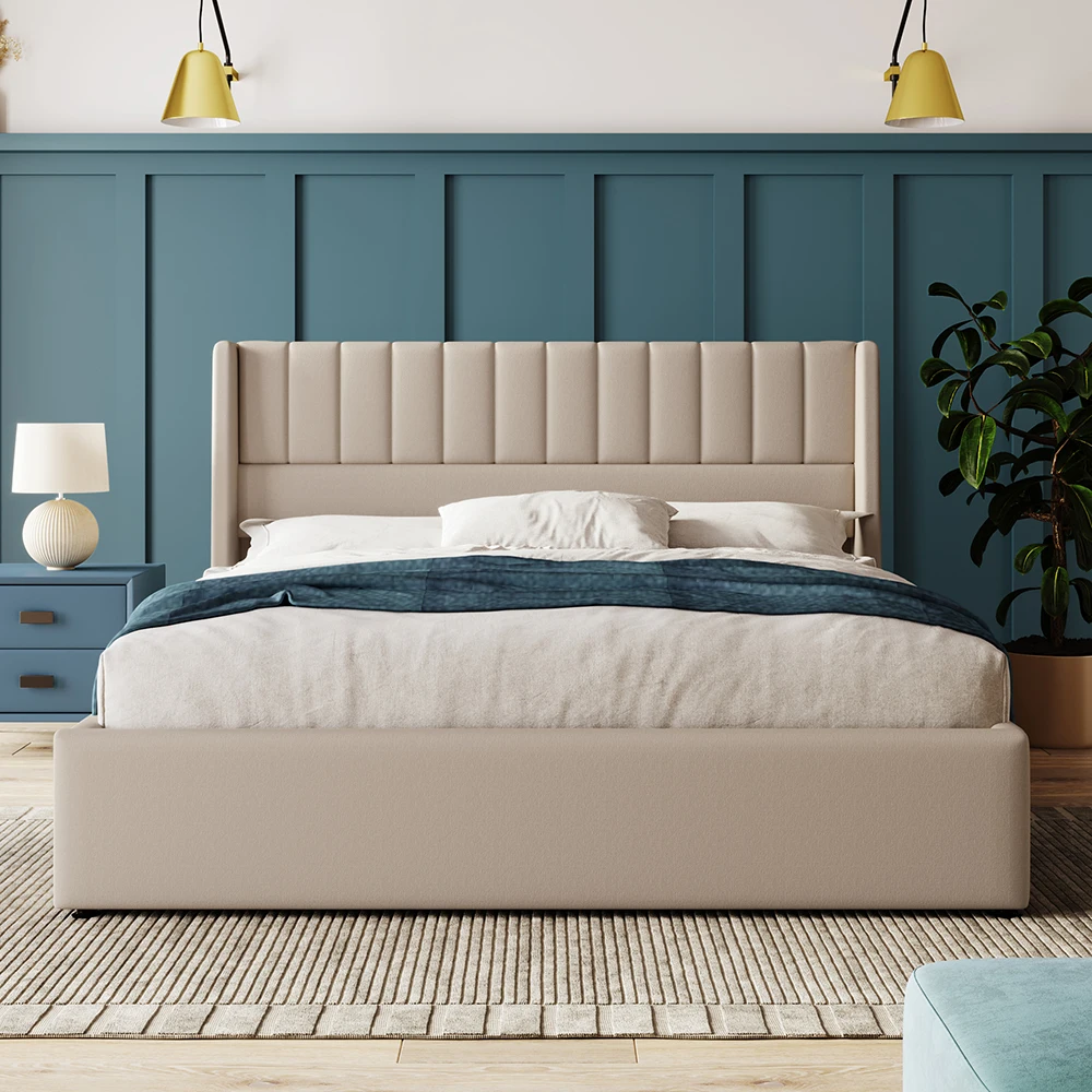 KOMHTOM Lit double hydraulique 180x200cm avec revêtement, sommier à lattes en bois et métal, lin, beige