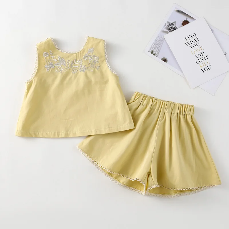 Girls' Summer Suit New Girls' Solid Color Sleeveless Embroidered Vest + Shorts Two-piece Set