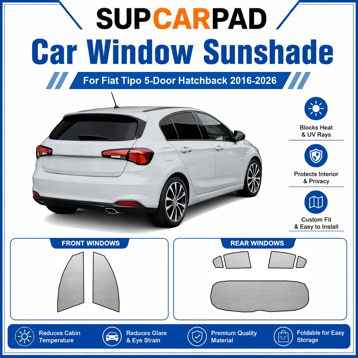 For Fiat - Fiat Tipo 5-Door Hatchback 2016-2026 Full Set Car Window Sunshades UV Block Privacy Heat Insulated Foldable Car Curta
