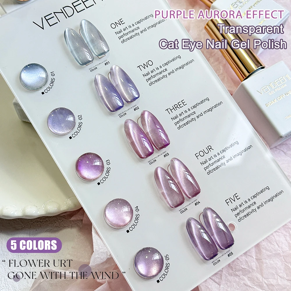 Vendeeni 5 Farben/Set Lila Katzenaugen-Gel-Nagellack Magnetischer UV-LED-Gel-Lack Aurora-Effekt Katzenaugen-Gel-Lack mit Display – Detail 9