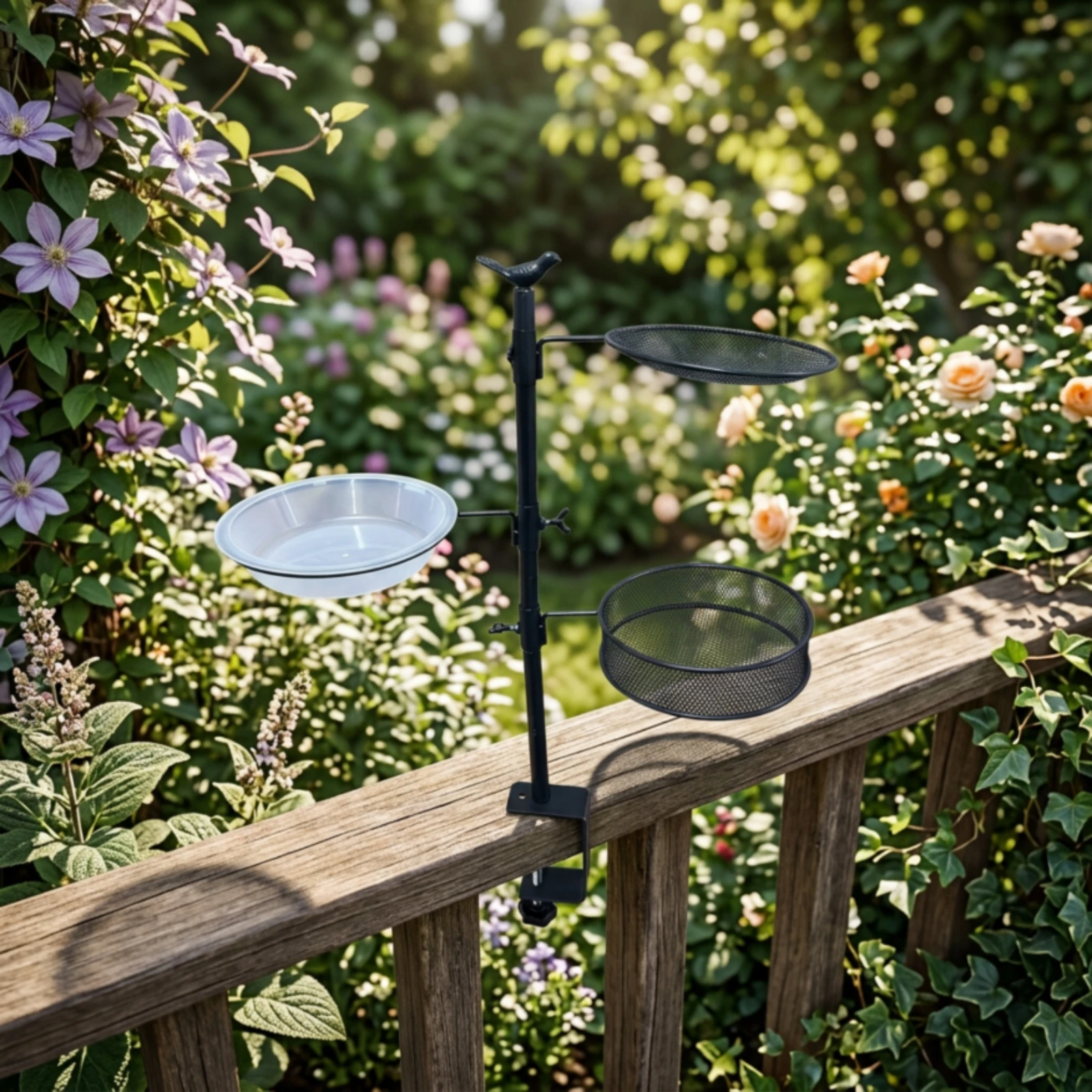 Bird Feeder Stand with Clamp 3-Tier Clamp-on Bird Feeder Pole Feeding Station Outdoor Metal for Nature Lovers, Balcony, Patio view 2