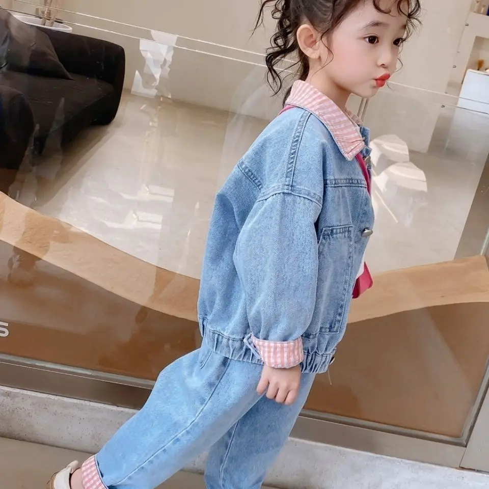 1-7 Y Kids Girls Denim Jackets+Jeans 2Pcs Spring Autumn Long Sleeve Single-breasted Denin Coats Pants Suit Children Clothes Set