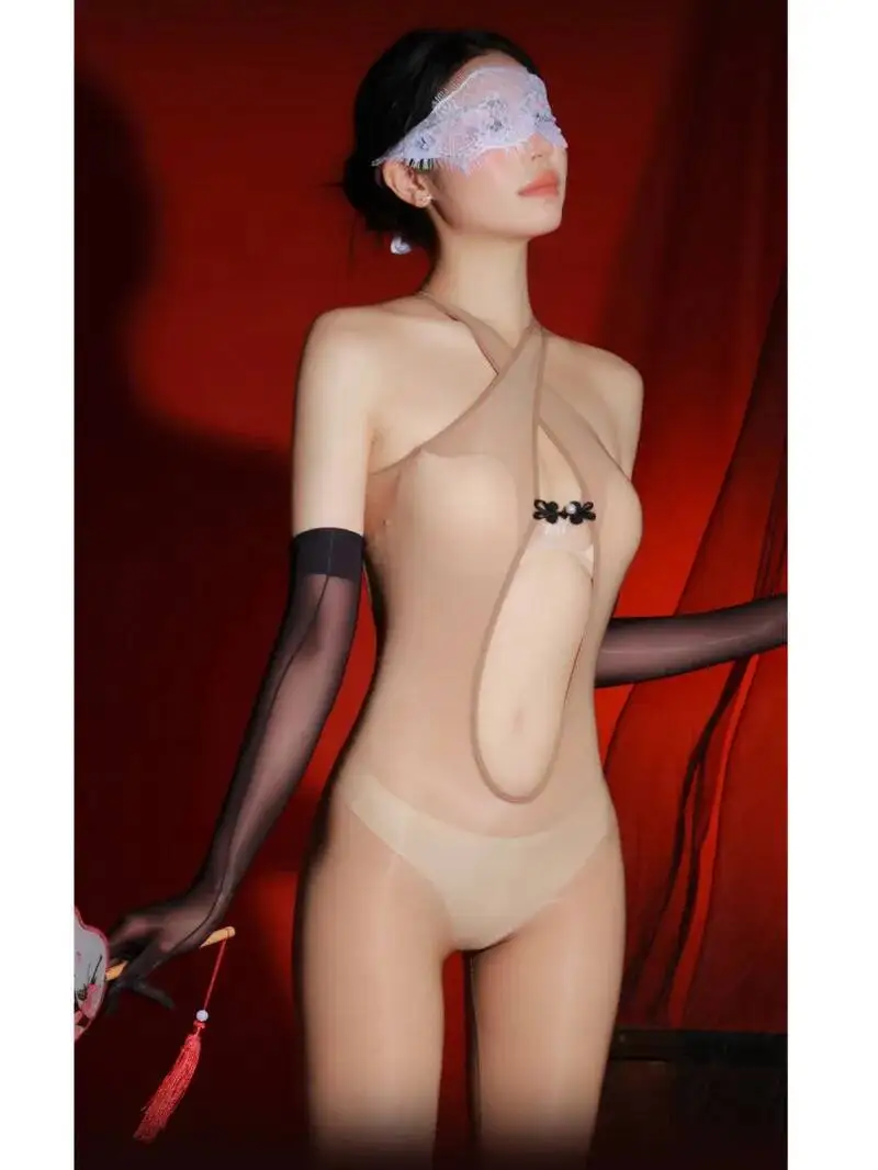

6D Horse Oil Half Open Cross Hanging Neck Jumpsuit Sexy Uniform Tempting Oily Shiny Full Body Jumpsuit Black Silk Open J04D