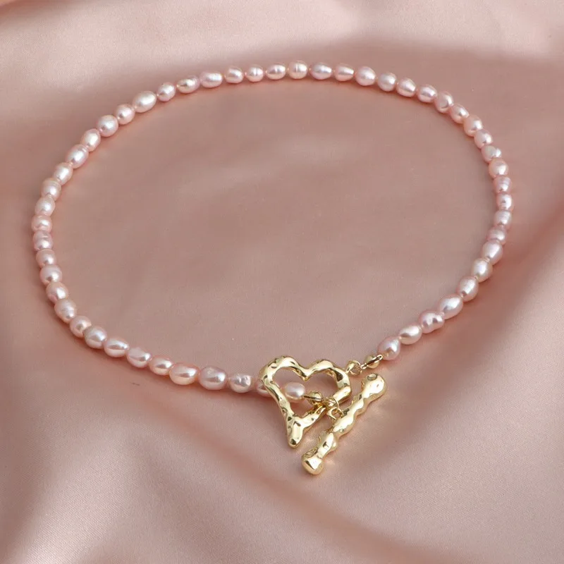 

Minar Classic Freshwater Pearl Heart OT Clasp Beaded Pendant Necklaces for Women 14K Real Gold Plated Copper Strand Chokers