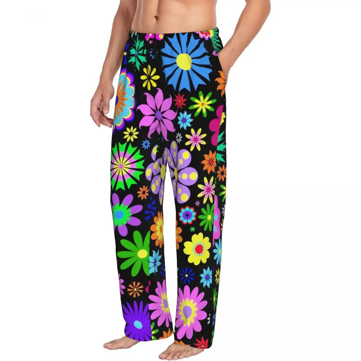 Custom Print Hippie Flower Pattern Pajama Pants for Men Sleep Sleepwear Bottoms with Pockets