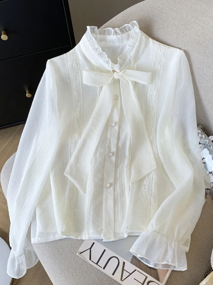 

Spring 2026 Women's Loose Long Sve Chiffon irt Stand Collar Knot French Sle Bell Sve Open Cardigan Slimmi...