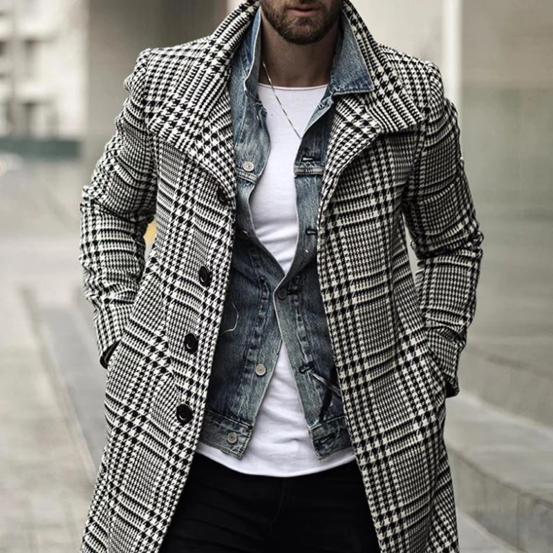 Autumn Winter Men's Lapel Single-Breasted Plaid Mid-Length Trench Coat Streetwear Elegant Checkered Single Breasted Jacket