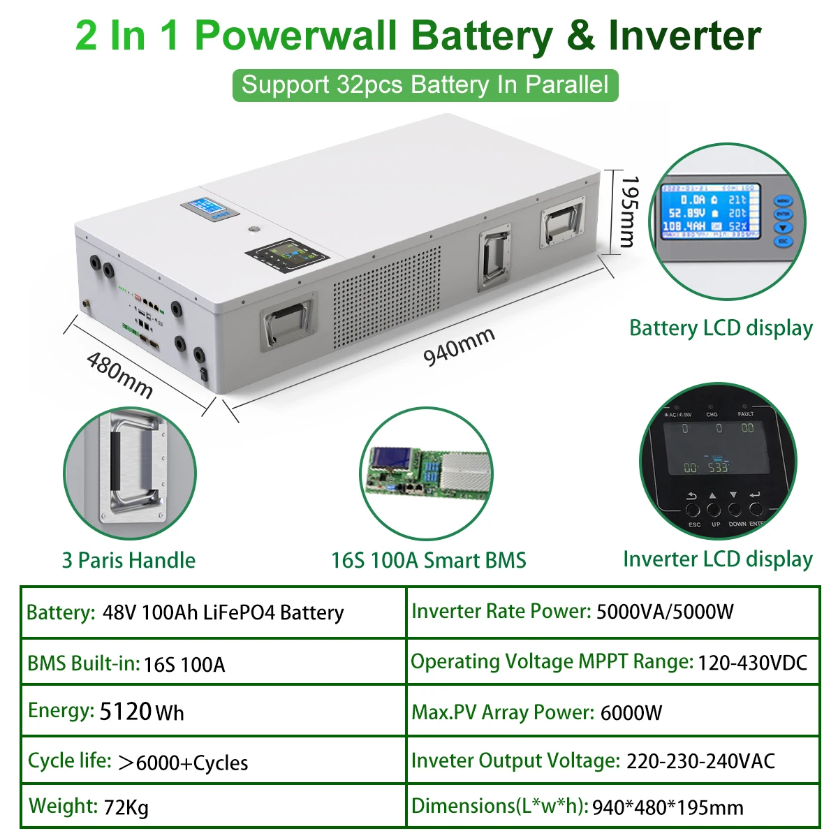 48V 100AH PowerWall 2 w 1 wbudowany inwerter LiFePO4 akumulator 5KWH 6000 cykli Plug and Play z PV dla domowy System fotowoltaiczny