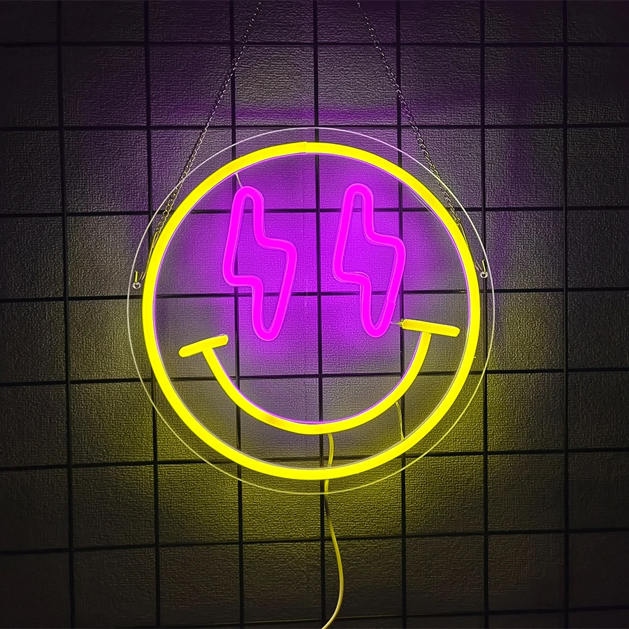 Lightning Smiling Face Led Neon Sign, Cartoon Icon Usb Power Supply, Bedroom, Bar, Birthday Party, Living Room, Game Room Decor.