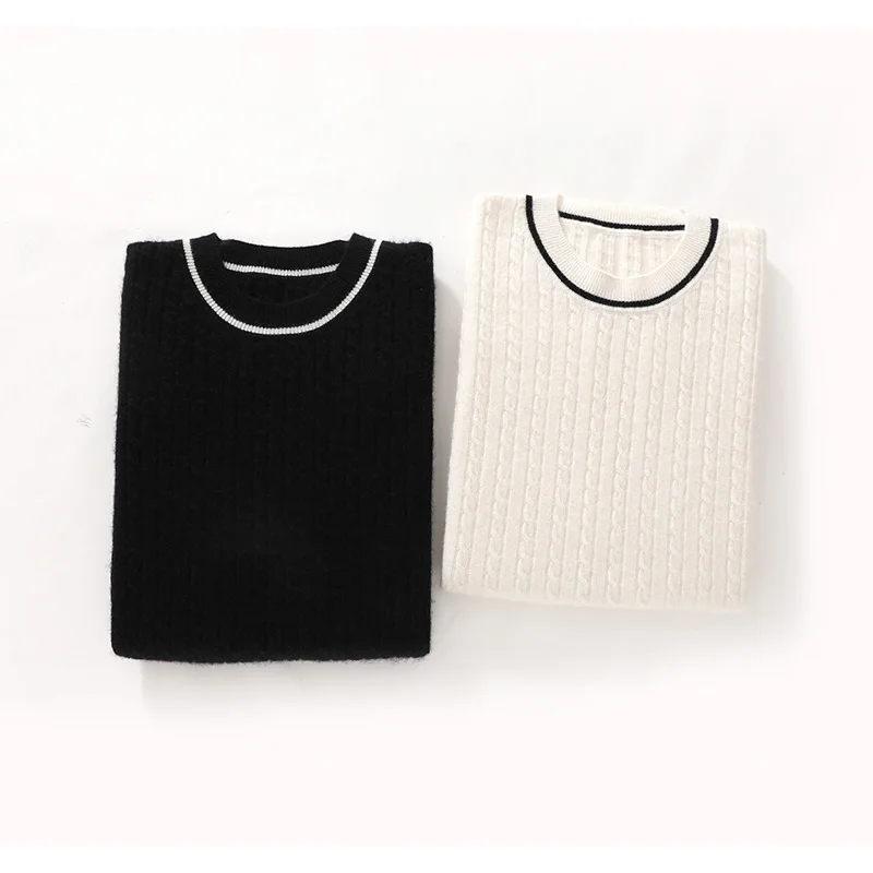 New Spring And Autumn 100% Cashmere Women'S Short Sleeve Color Block Cable Knit Round Neck Sweater Comfortable And Versatile Top
