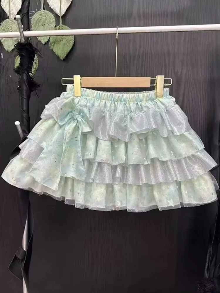 Y2k Aesthetic Kawaii Patchwork Ruffled Mini Skirts Women Elastic Waist Sweet Cute Bow Skirt 2026 Streetwear Grunge Fairy Faldas