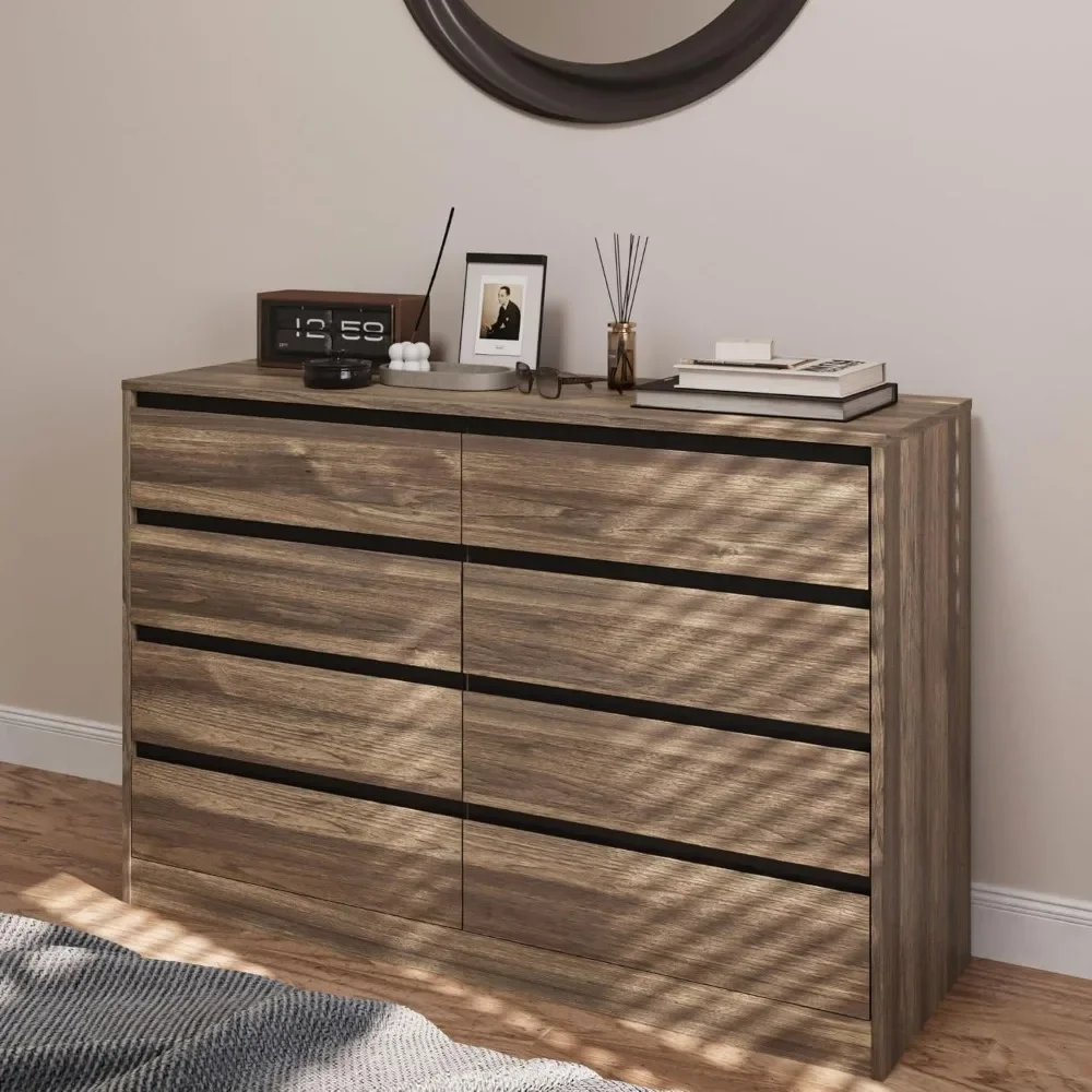 Stylish Walnut Dresser for Bedroom - 8 Drawer Wooden Chest of Drawers