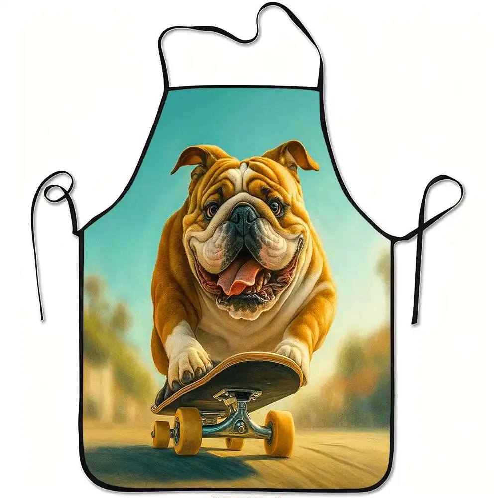 1pc Funny Skateboarding Bulldog Apron with Skateboarding Bulldog Print - Adjustable Waistband, Durable & Easy-Clean Polyester fo