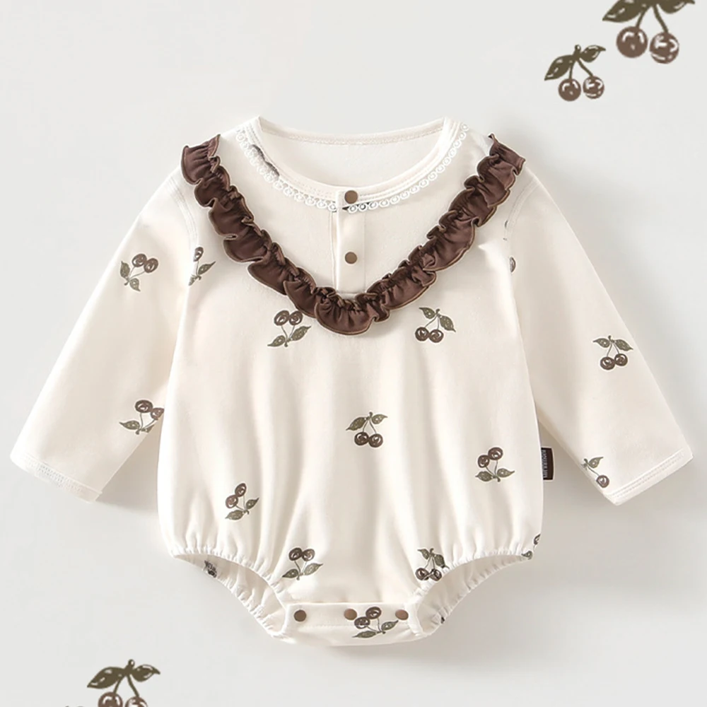

New Spring Autumn Baby Girls Long Sleeve 100% Cotton Rompers Infant Girls Printing Cherry Jumpsuit