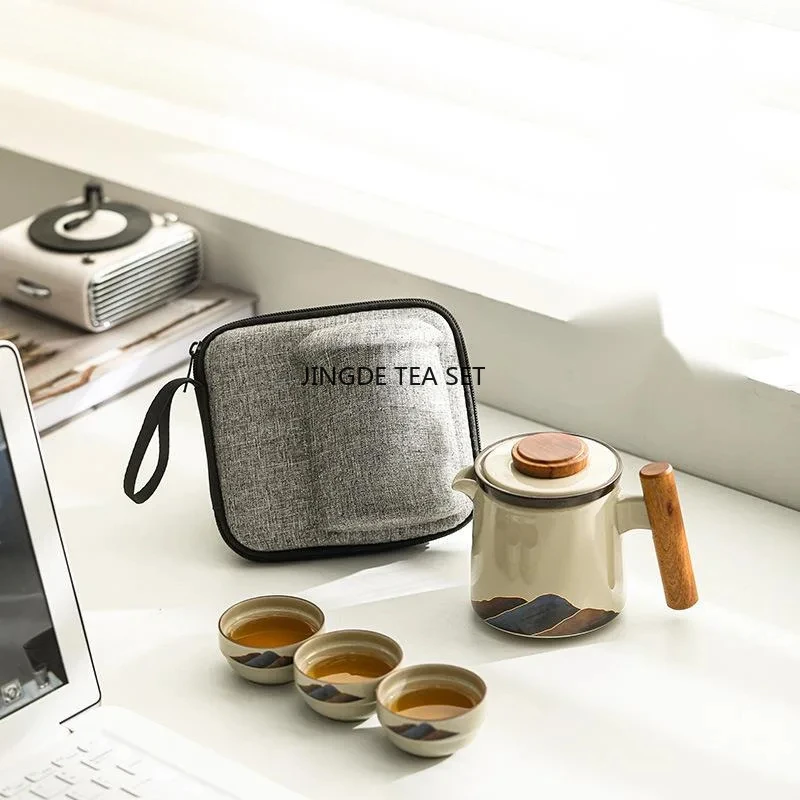 Mountain and River Grass Grey Tea Set 1 Pot 3 Cups Camping Travel Tea Set Portable Handbag Tea Accessories